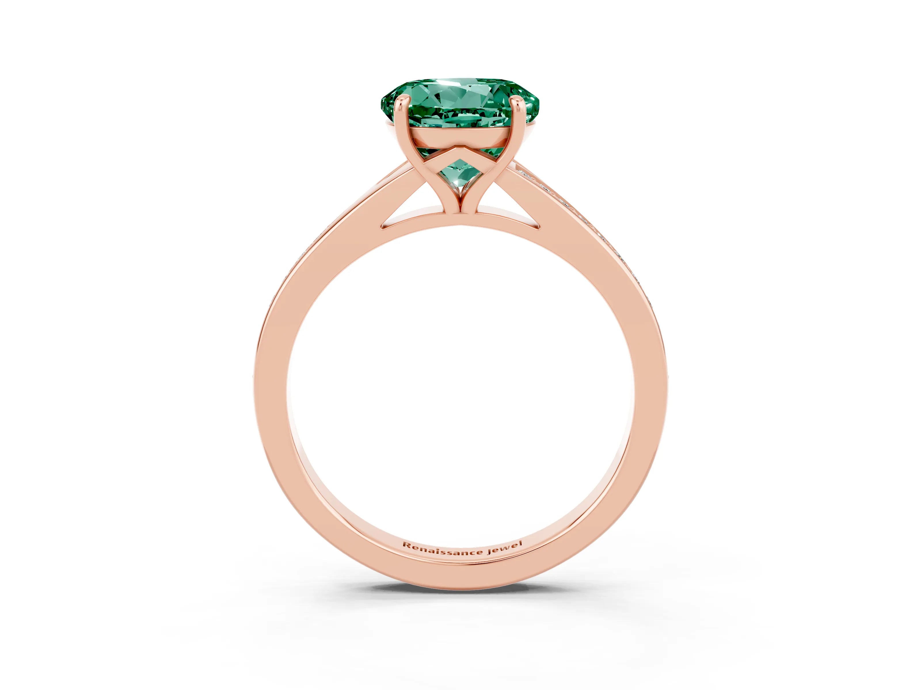 Rose gold Round Cut Green Sapphire Solitaire Ring with Pavé Band and Prong Setting_15