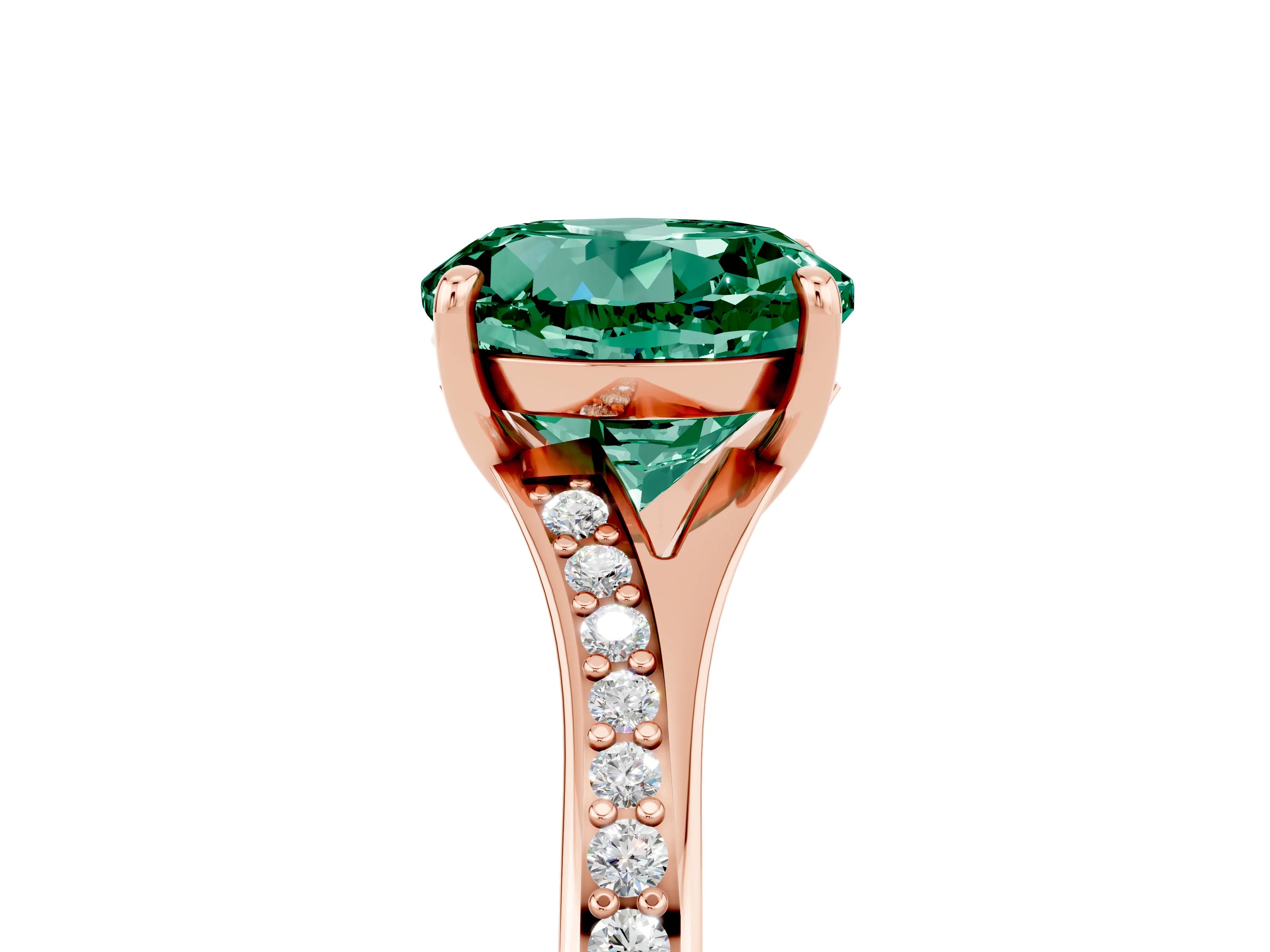 Rose gold Round Cut Green Sapphire Solitaire Ring with Pavé Band and Prong Setting_17