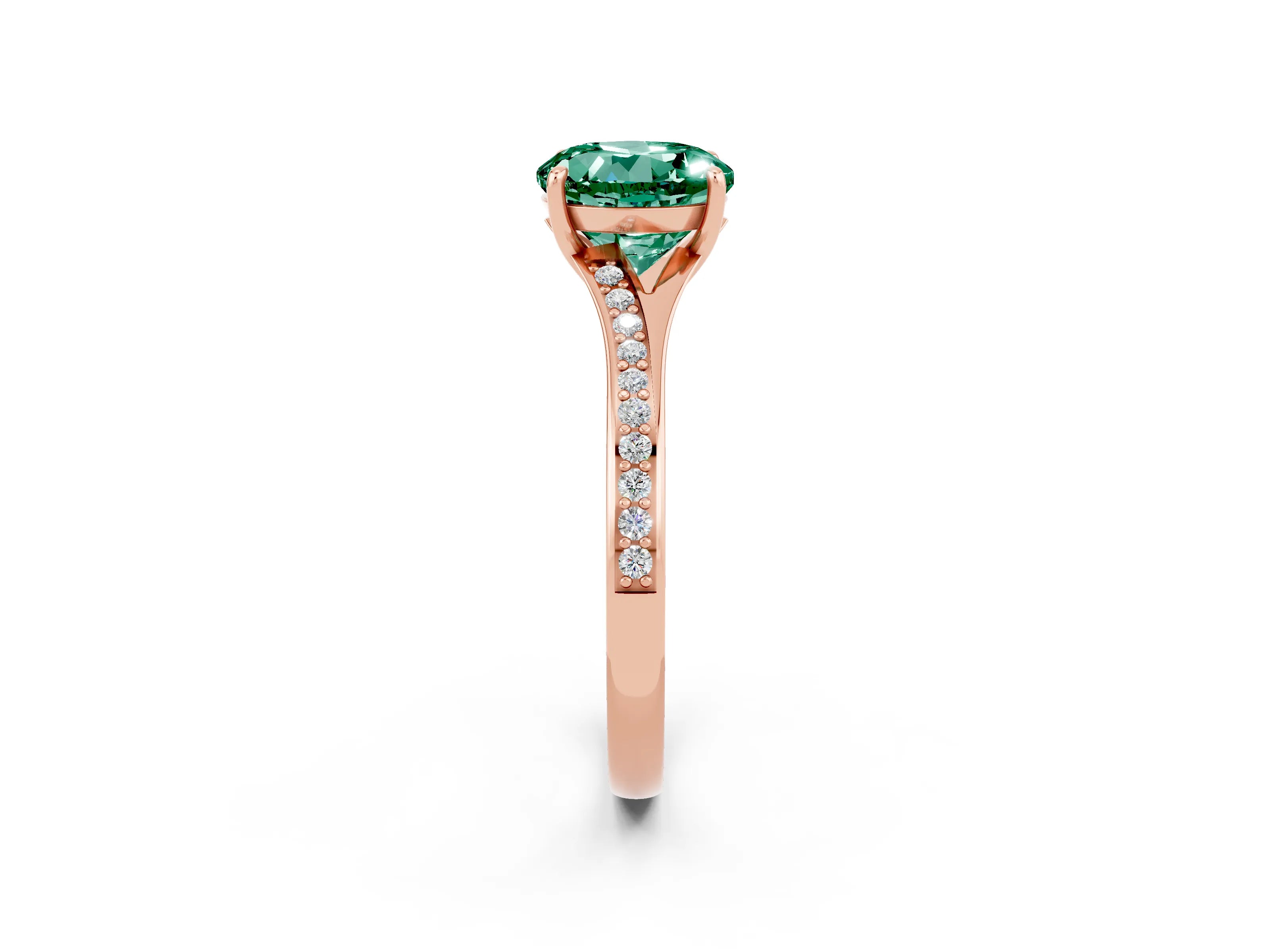 Rose gold Round Cut Green Sapphire Solitaire Ring with Pavé Band and Prong Setting_2