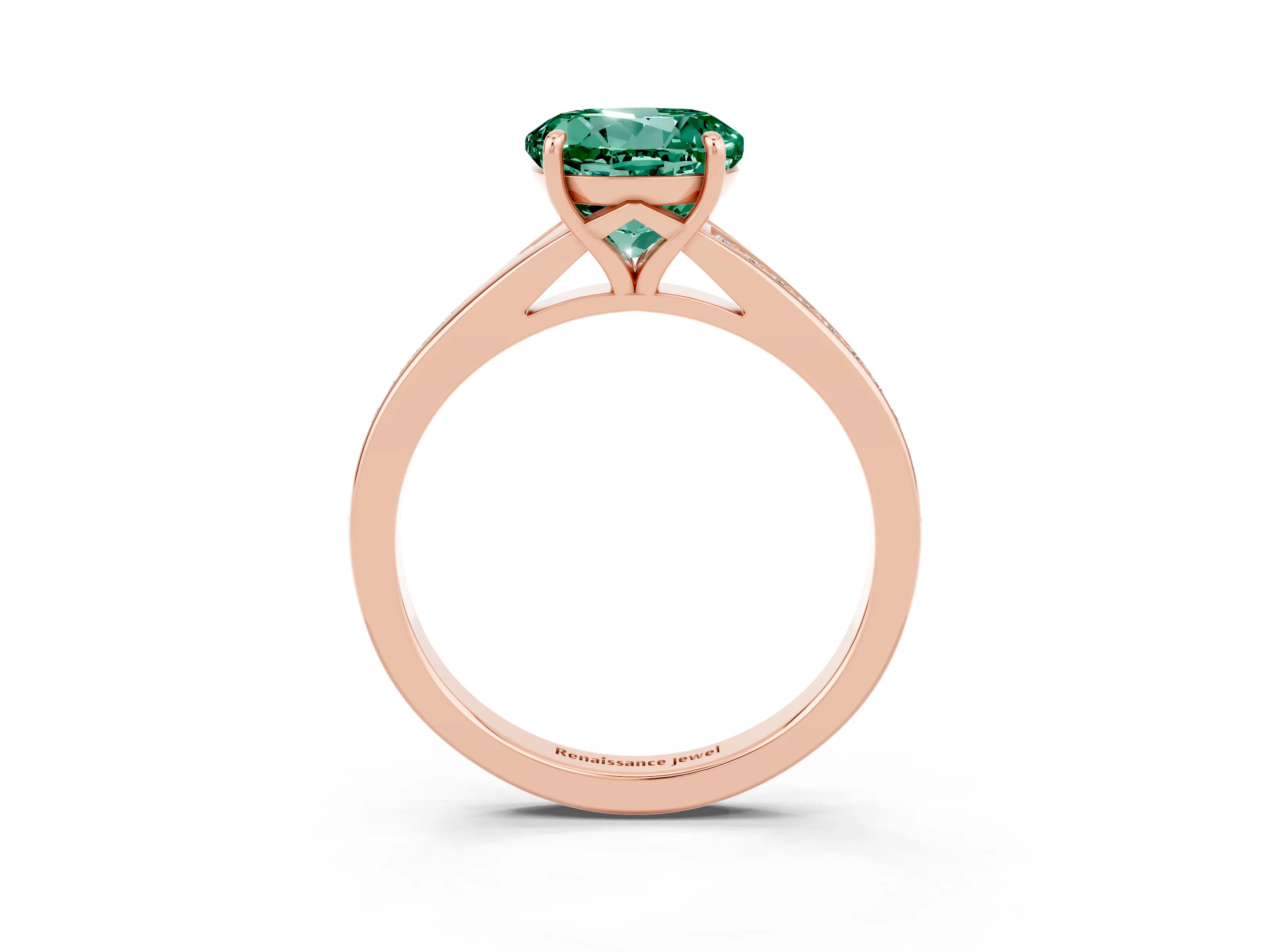 Rose gold Round Cut Green Sapphire Solitaire Ring with Pavé Band and Prong Setting_3