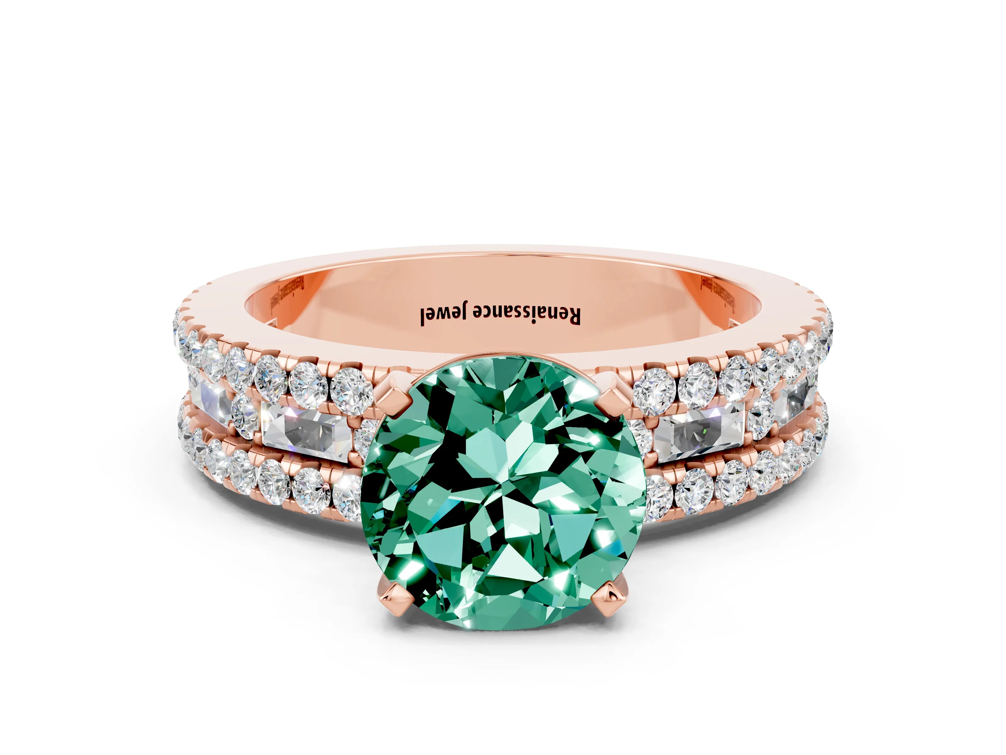 Rose gold Round Cut Green Sapphire Solitaire Ring with Pavé and Channel Set Band