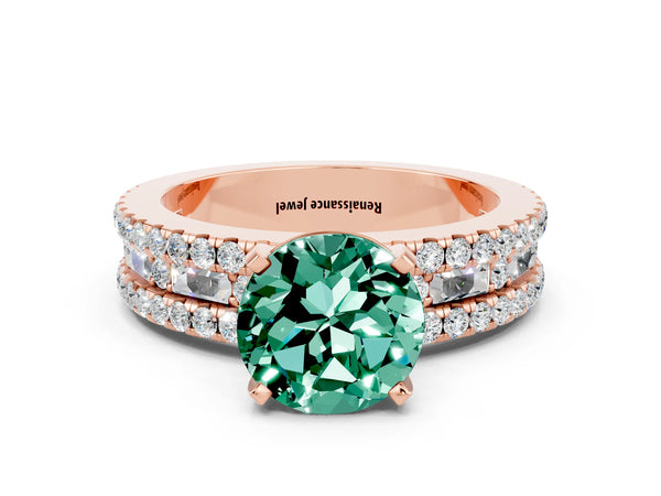 Rose gold Round Cut Green Sapphire Solitaire Ring with Pavé and Channel Set Band