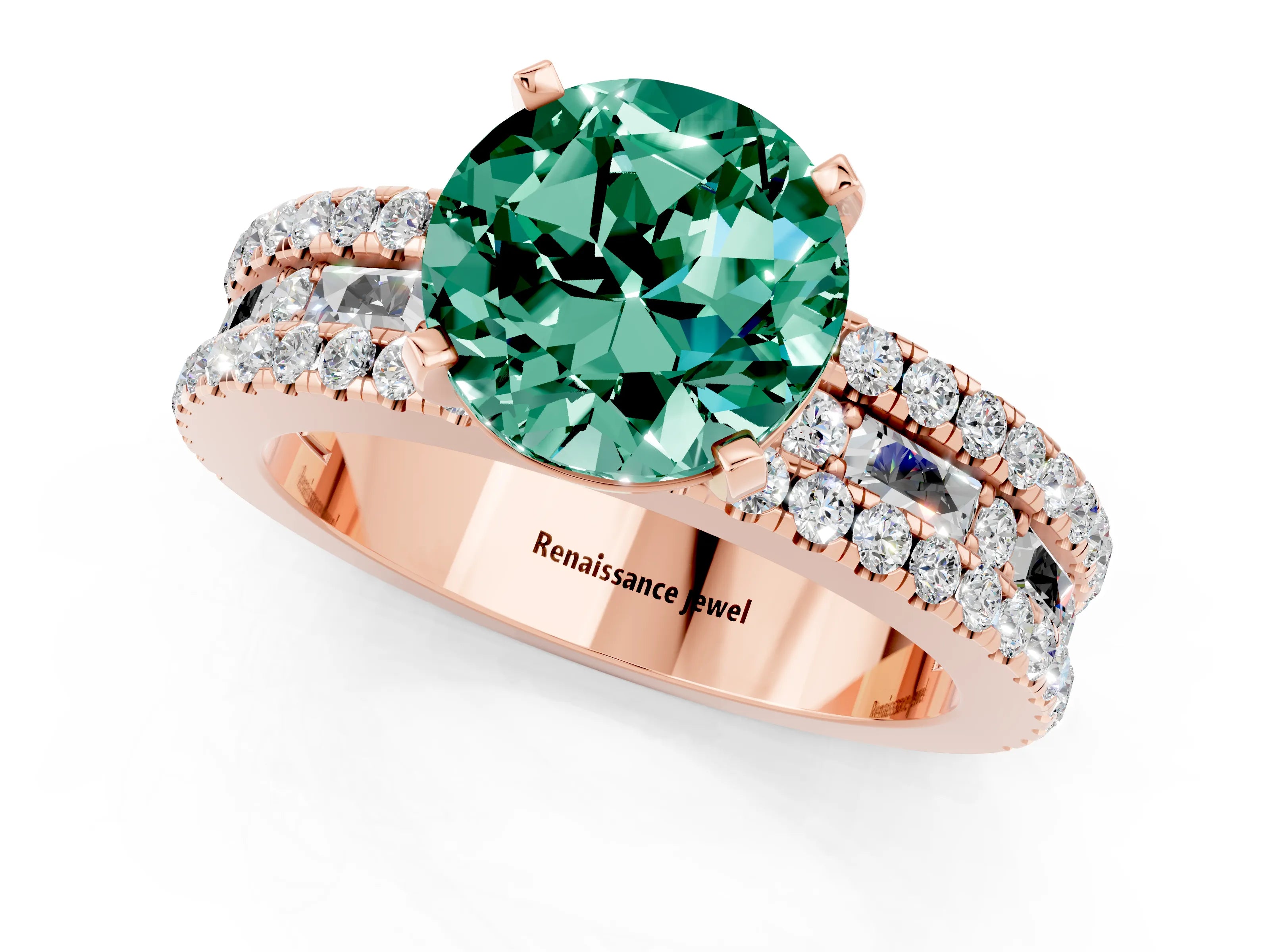 Rose gold Round Cut Green Sapphire Solitaire Ring with Pavé and Channel Set Band_1