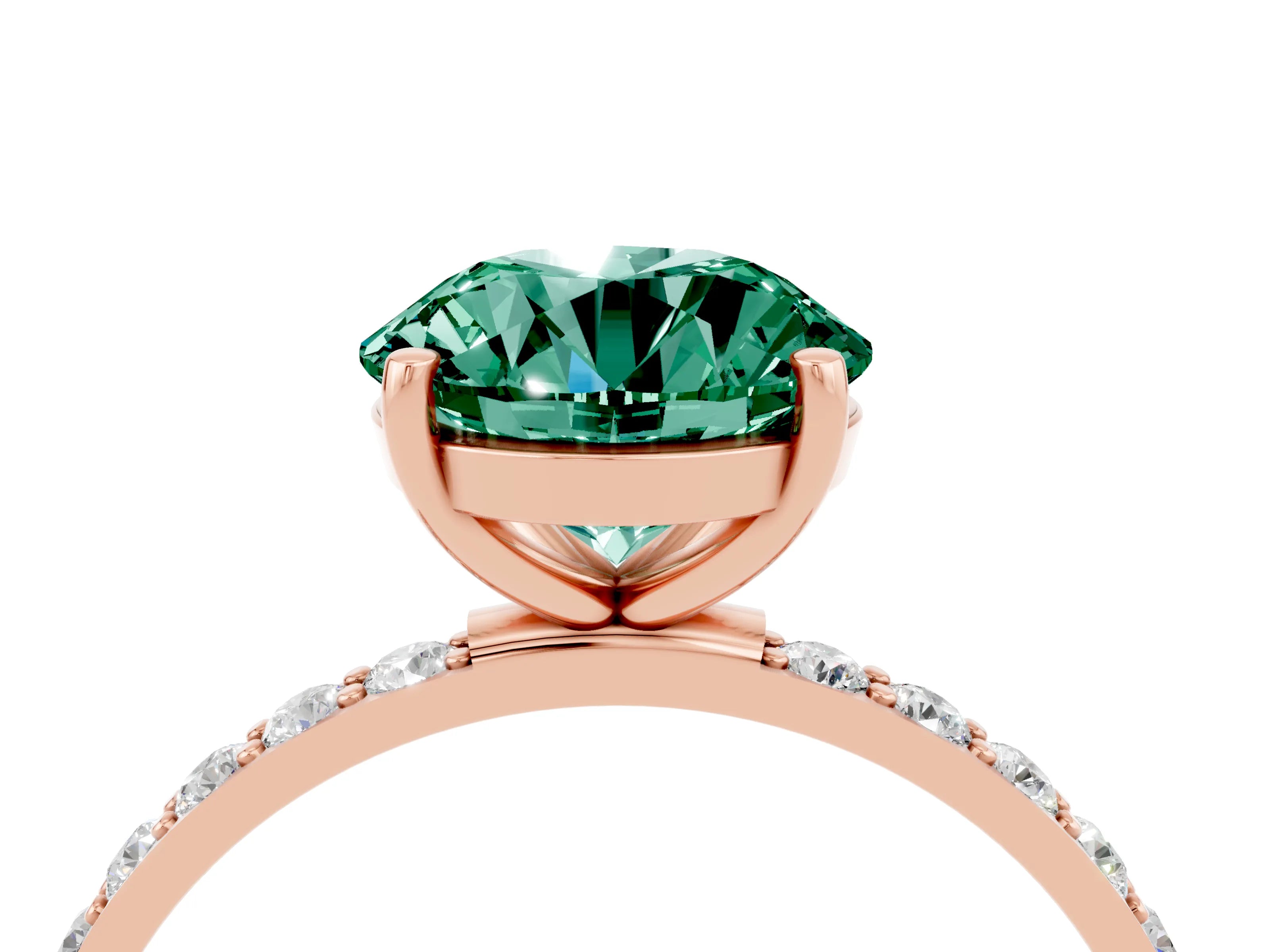 Rose gold Round Cut Green Sapphire Solitaire Ring with Pave Band and Four Prong Setting_28