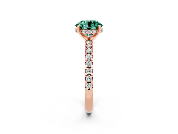 Rose gold Round Cut Green Sapphire Solitaire Ring with Round Pavé Band and Four-Prong Setting