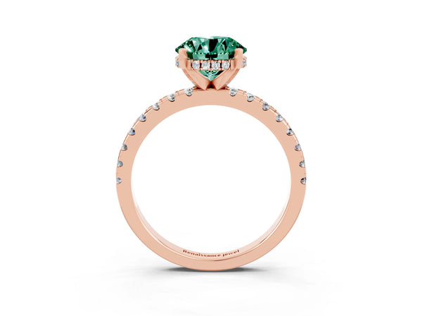 Rose gold Round Cut Green Sapphire Solitaire Ring with Round Pavé Band and Four-Prong Setting