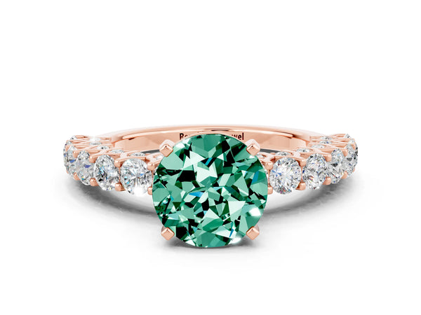 Rose gold Round Cut Green Sapphire Solitaire Ring with Shared Prong Pavé Band and Four-Prong Setting
