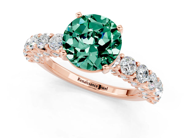 Rose gold Round Cut Green Sapphire Solitaire Ring with Shared Prong Pavé Band and Four-Prong Setting
