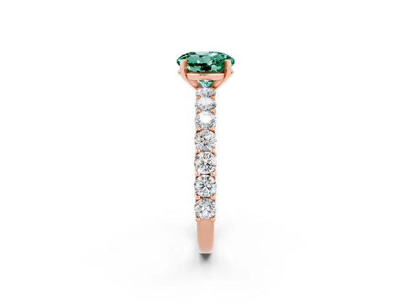 Rose gold Round Cut Green Sapphire Solitaire Ring with Shared Prong Pavé Band and Four-Prong Setting
