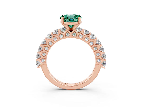 Rose gold Round Cut Green Sapphire Solitaire Ring with Shared Prong Pavé Band and Four-Prong Setting