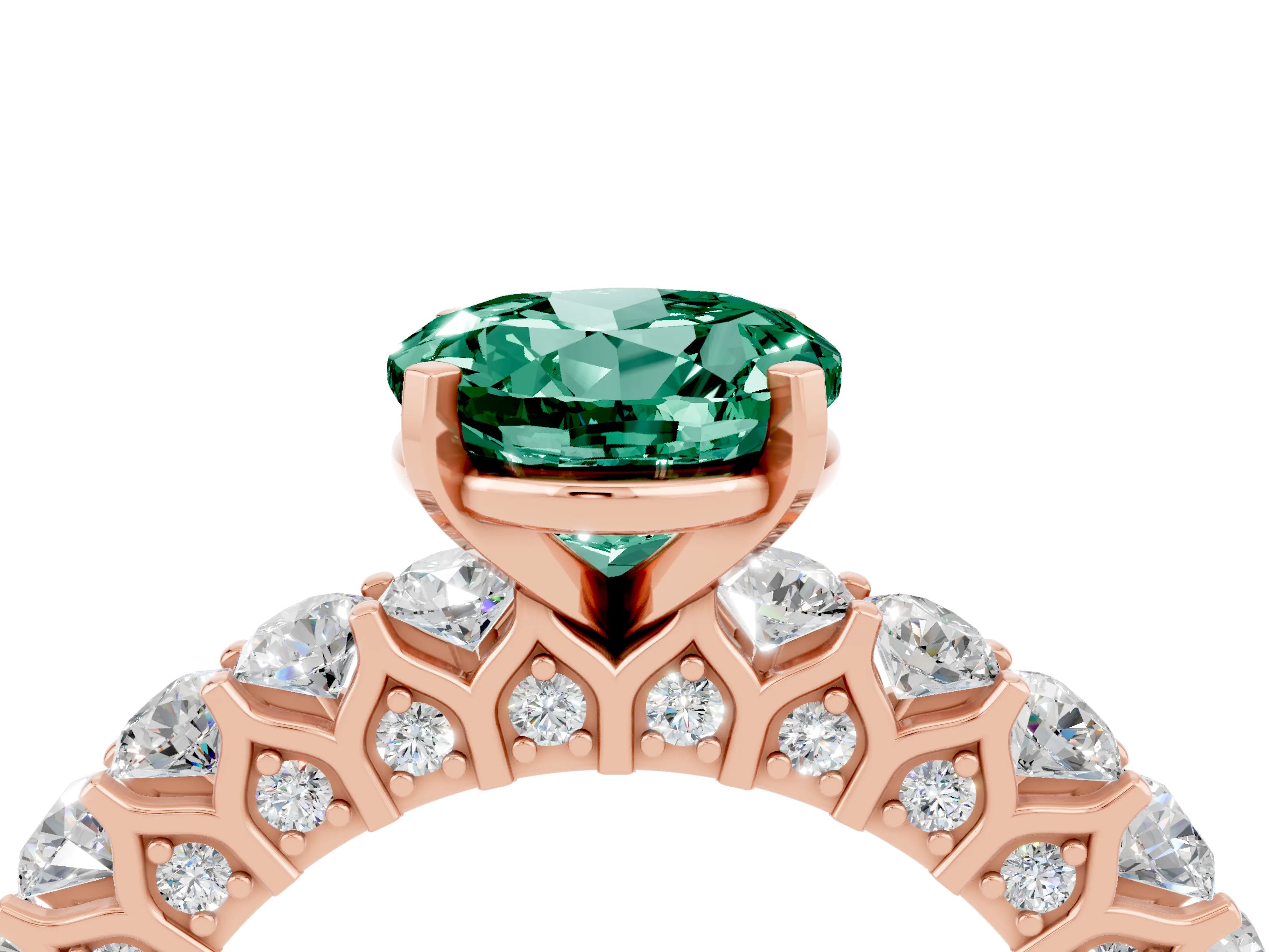 Rose gold Round Cut Green Sapphire Solitaire Ring with Shared Prong Pavé Band and Four-Prong Setting_4