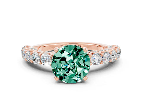 Rose gold Round Cut Green Sapphire Solitaire Ring with Shared Prong Pavé Band and Four-Prong Setting