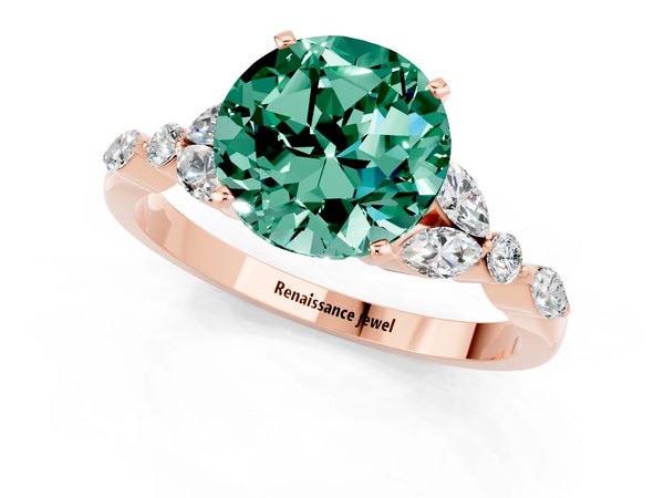 Rose gold Round Cut Green Sapphire Solitaire Ring with Side Stones and Four-Prong Setting
