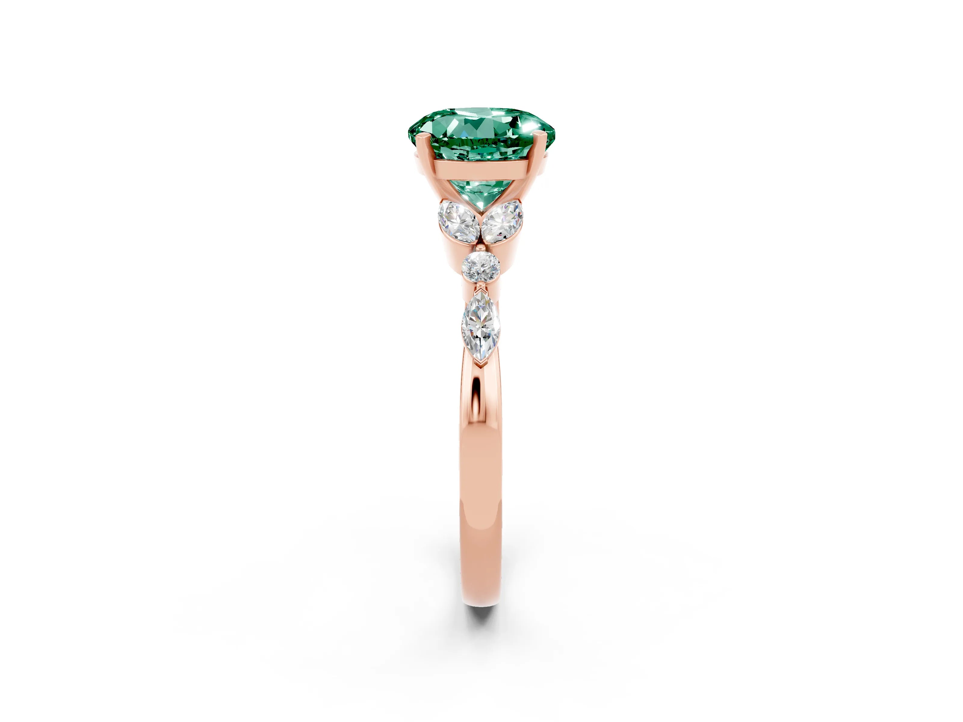 Rose gold Round Cut Green Sapphire Solitaire Ring with Side Stones and Four-Prong Setting_14