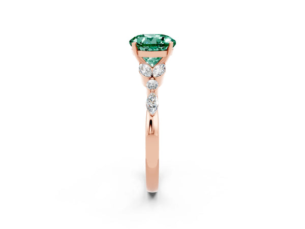 Rose gold Round Cut Green Sapphire Solitaire Ring with Side Stones and Four-Prong Setting