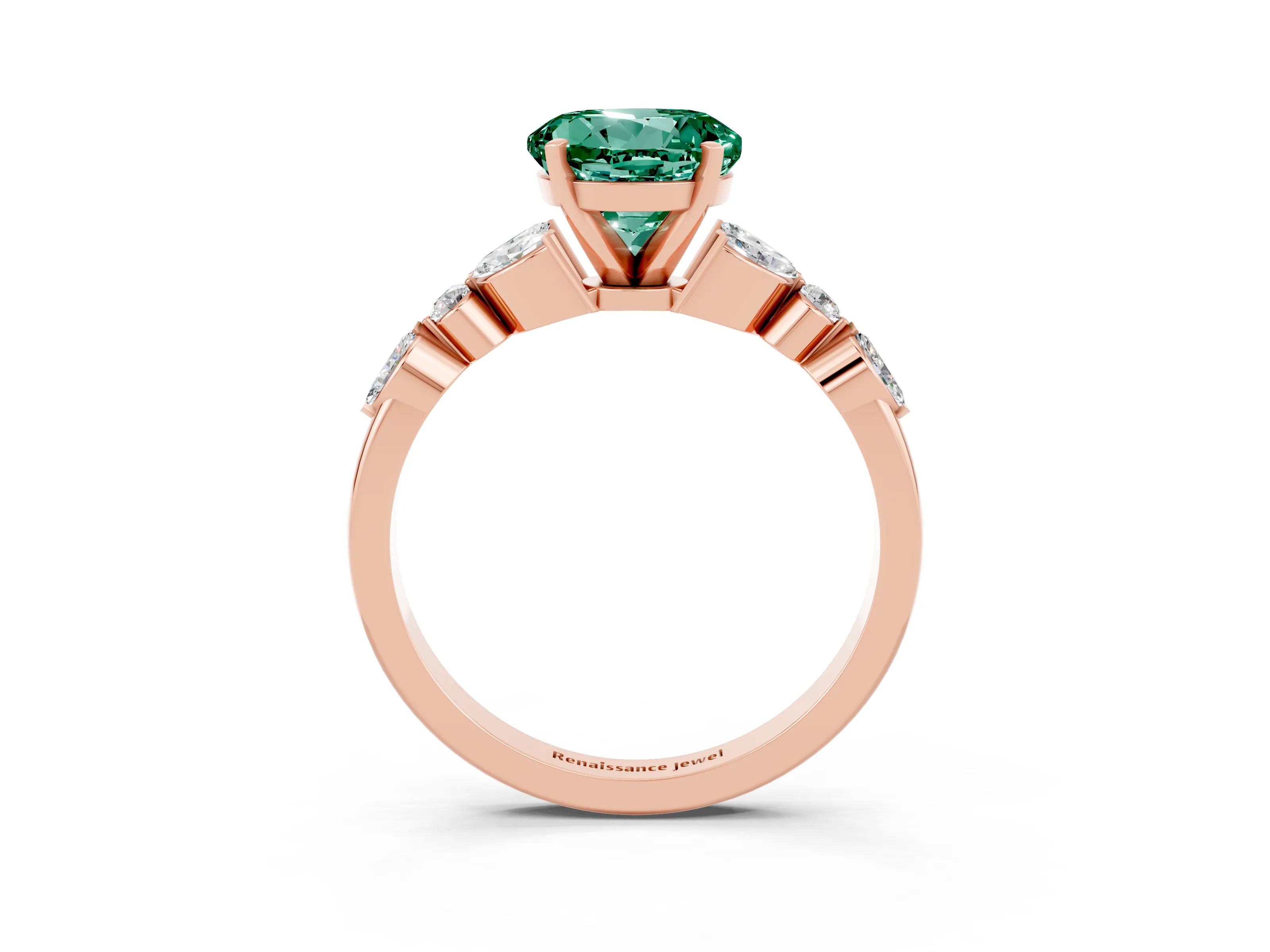 Rose gold Round Cut Green Sapphire Solitaire Ring with Side Stones and Four-Prong Setting_15