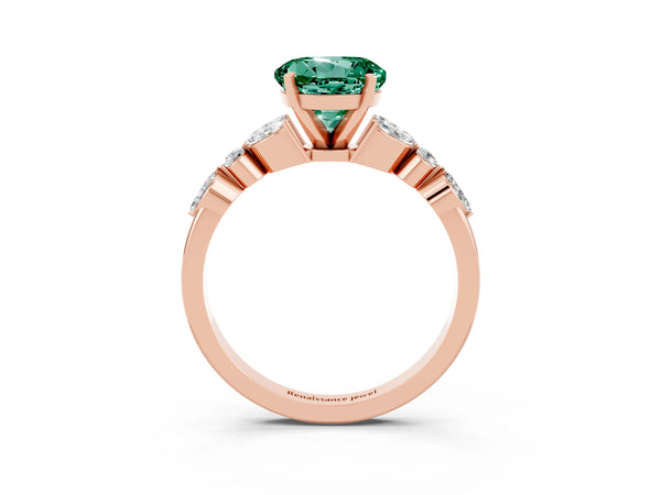 Rose gold Round Cut Green Sapphire Solitaire Ring with Side Stones and Four-Prong Setting