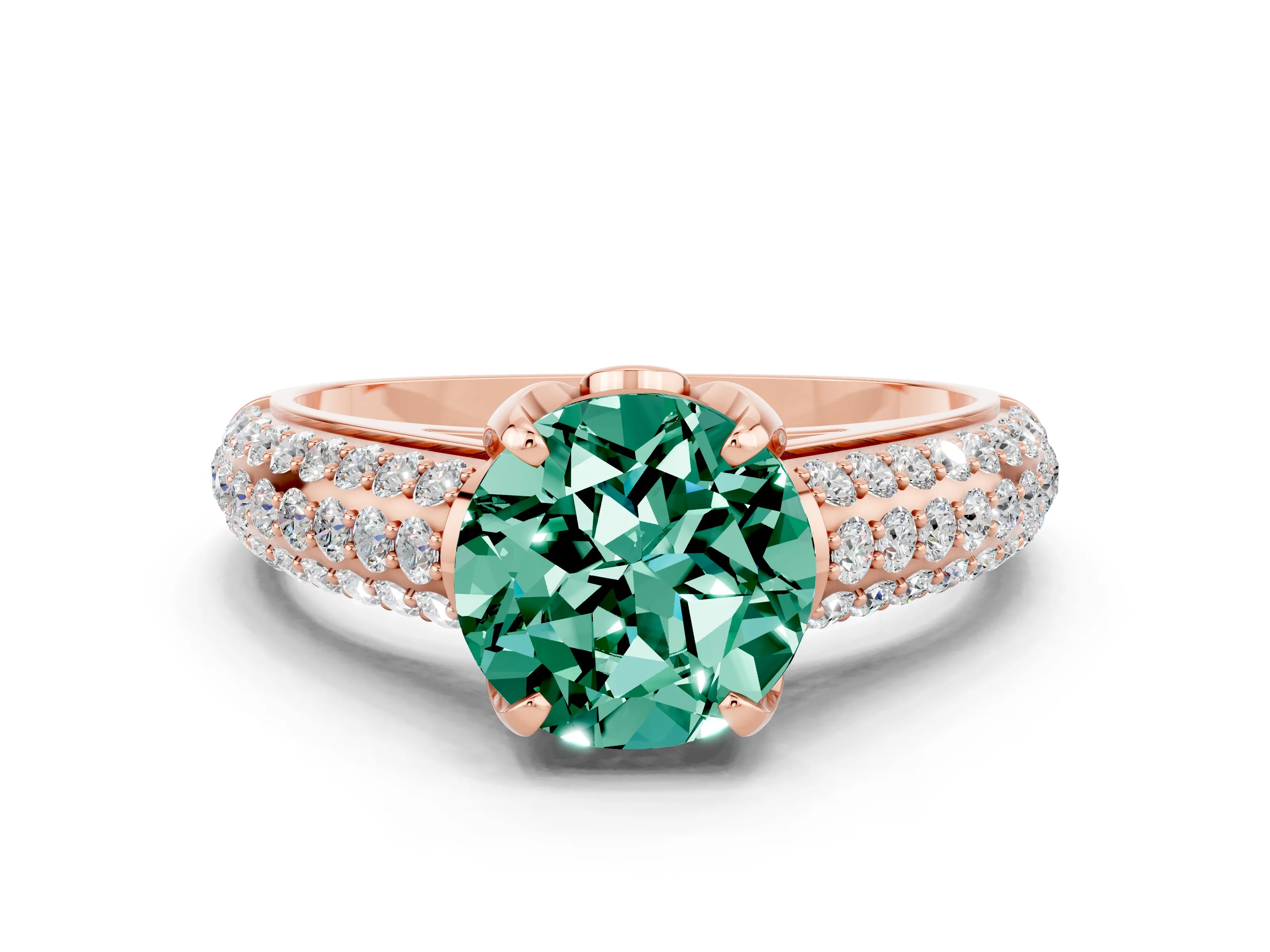 Rose gold Round Cut Green Sapphire Solitaire Ring with Three-Row Pavé Band and Four-Prong Setting_12