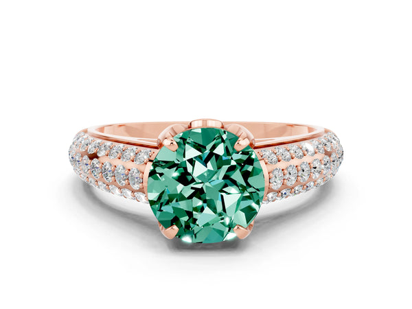 Rose gold Round Cut Green Sapphire Solitaire Ring with Three-Row Pavé Band and Four-Prong Setting