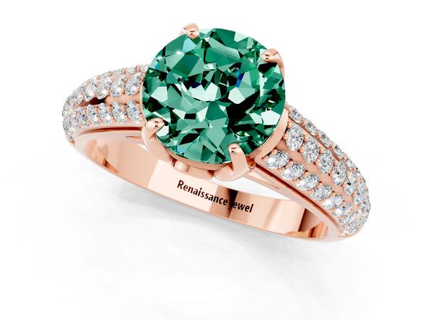 Rose gold Round Cut Green Sapphire Solitaire Ring with Three-Row Pavé Band and Four-Prong Setting