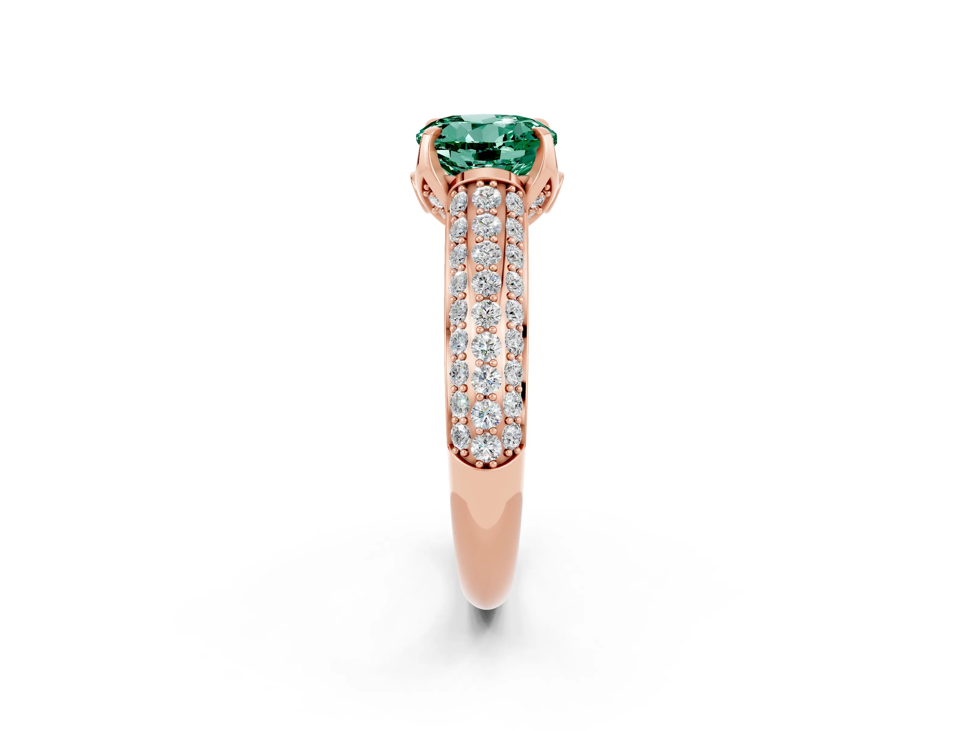 Rose gold Round Cut Green Sapphire Solitaire Ring with Three-Row Pavé Band and Four-Prong Setting_14