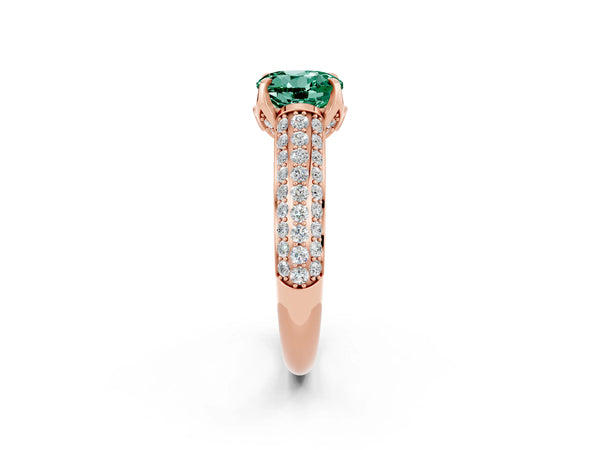Rose gold Round Cut Green Sapphire Solitaire Ring with Three-Row Pavé Band and Four-Prong Setting