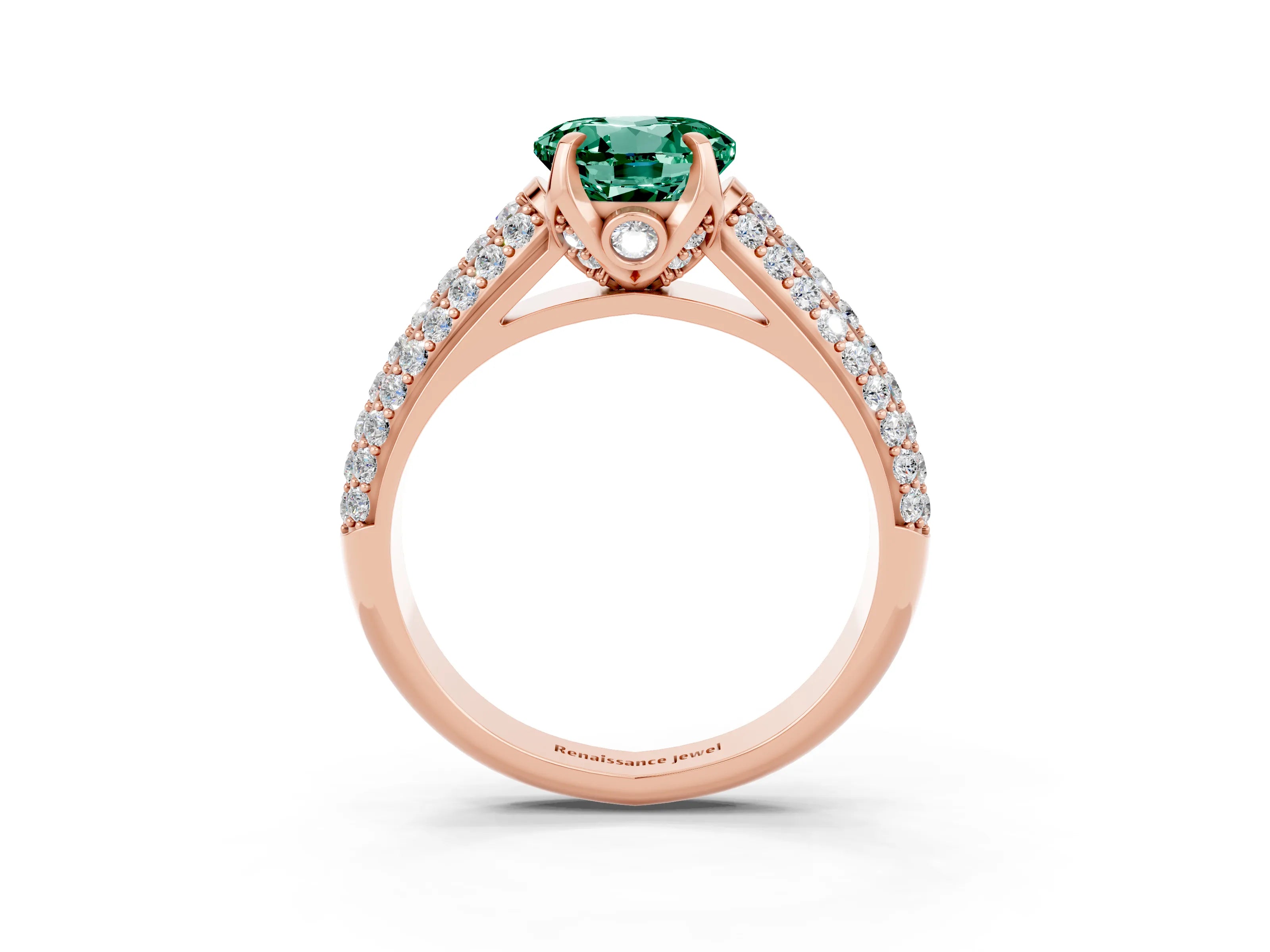 Rose gold Round Cut Green Sapphire Solitaire Ring with Three-Row Pavé Band and Four-Prong Setting_15