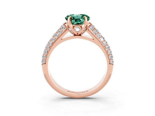 Rose gold Round Cut Green Sapphire Solitaire Ring with Three-Row Pavé Band and Four-Prong Setting