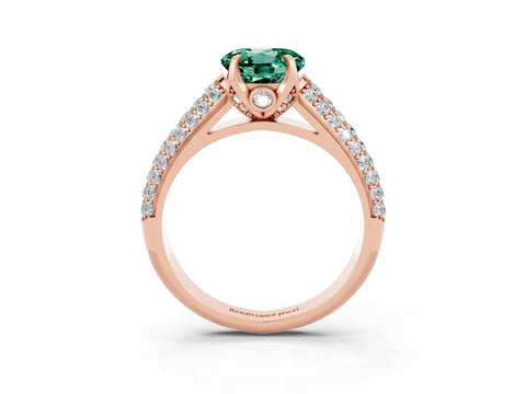 Rose gold Round Cut Green Sapphire Solitaire Ring with Three-Row Pavé Band and Four-Prong Setting_15