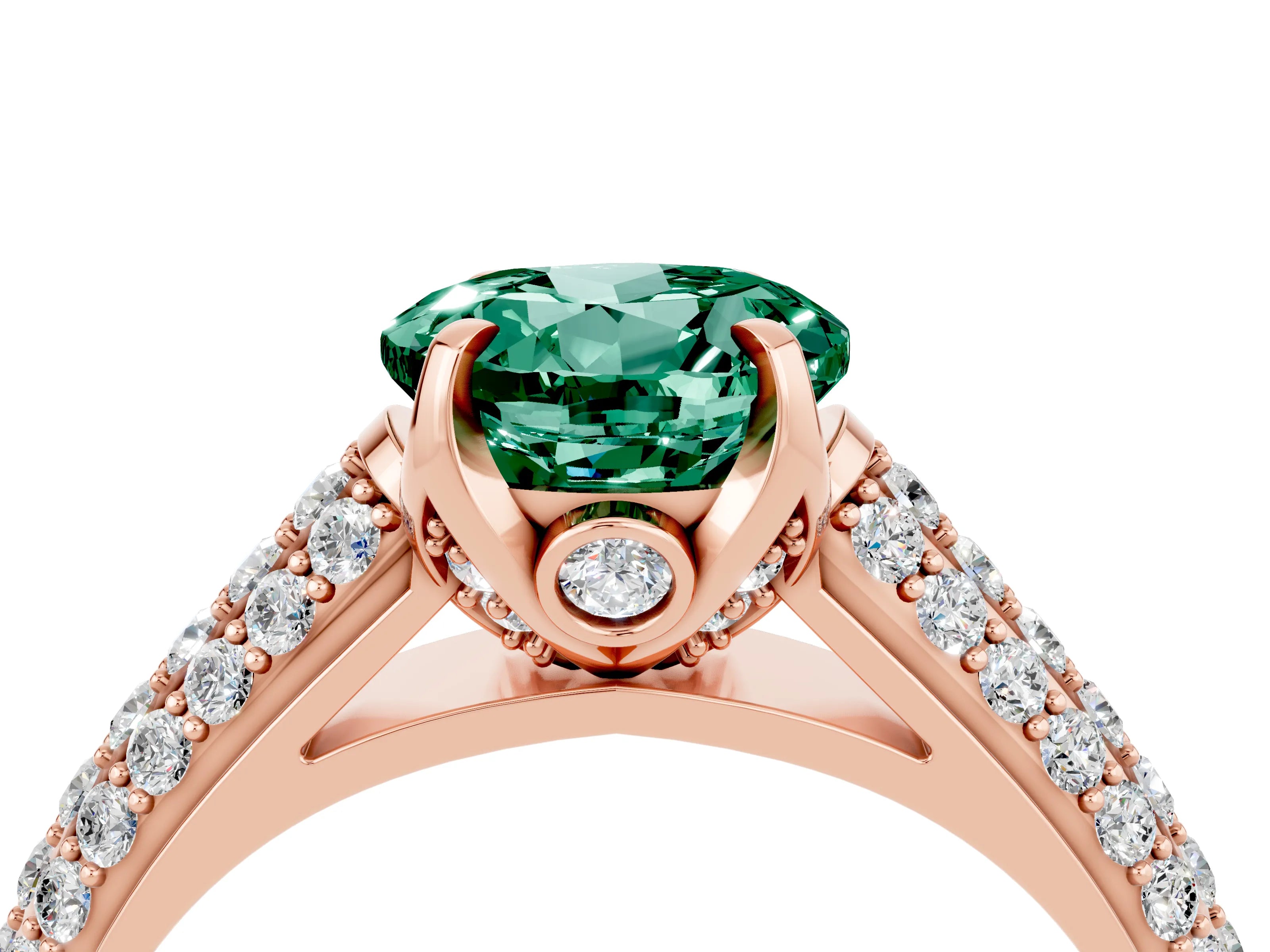 Rose gold Round Cut Green Sapphire Solitaire Ring with Three-Row Pavé Band and Four-Prong Setting_16
