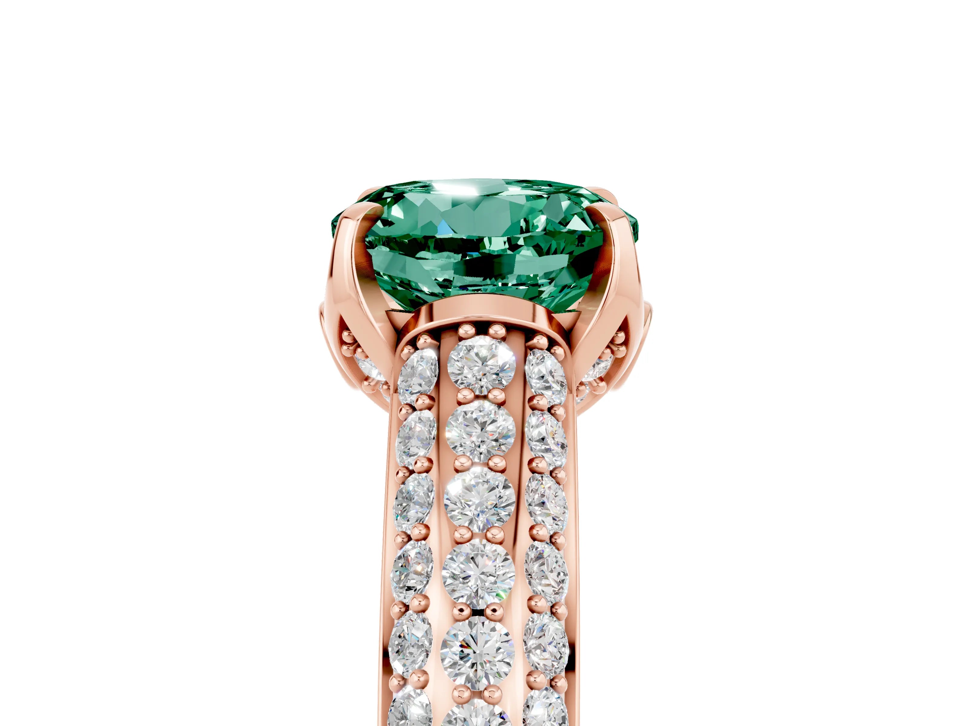 Rose gold Round Cut Green Sapphire Solitaire Ring with Three-Row Pavé Band and Four-Prong Setting_17