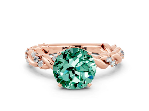 Rose gold Round Cut Green Sapphire Solitaire Ring with Twisted Band and Pavé Accents
