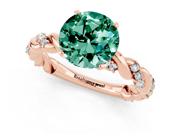 Rose gold Round Cut Green Sapphire Solitaire Ring with Twisted Band and Pavé Accents