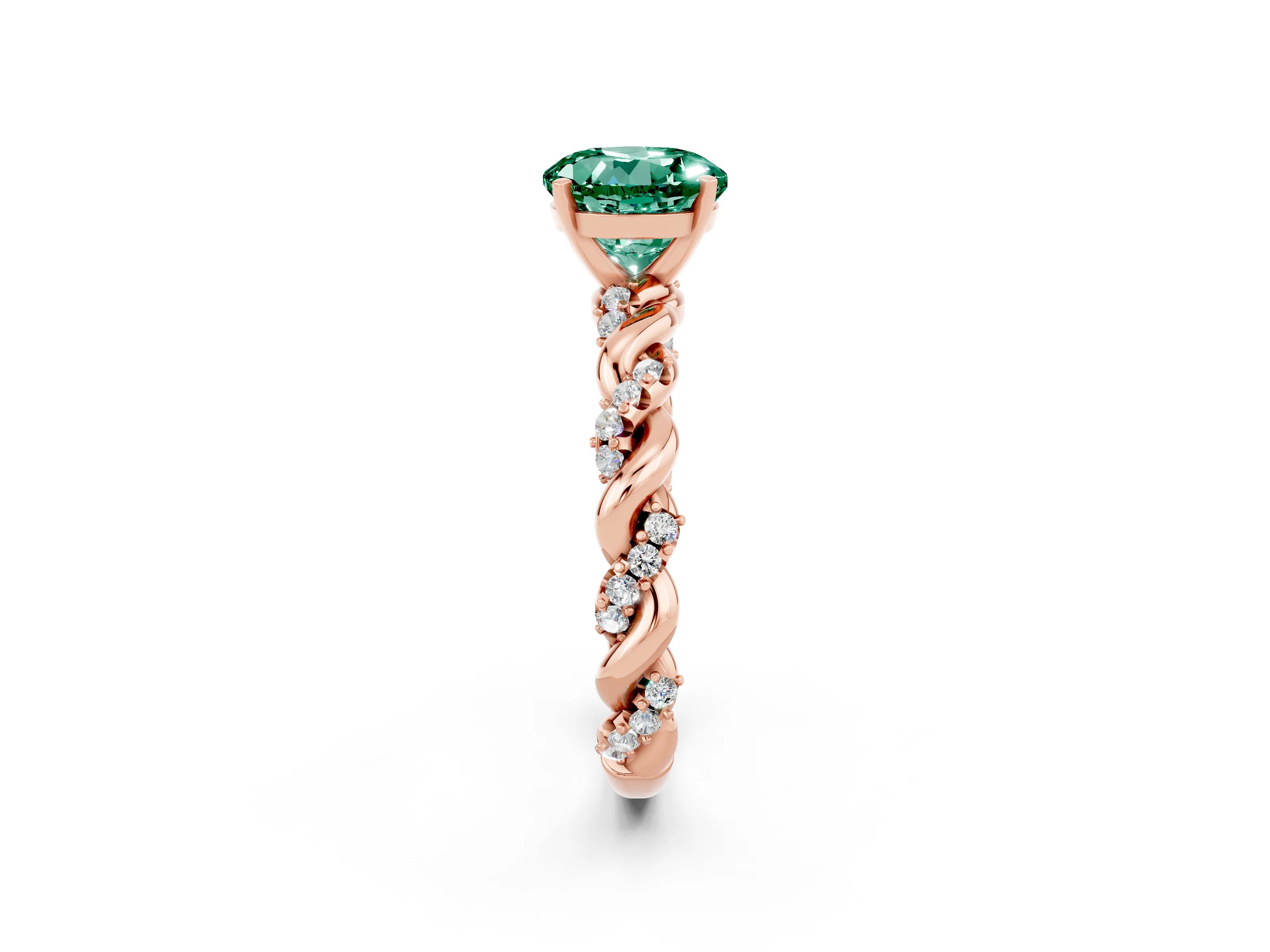 Rose gold Round Cut Green Sapphire Solitaire Ring with Twisted Band and Pavé Accents_2