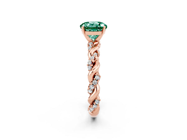 Rose gold Round Cut Green Sapphire Solitaire Ring with Twisted Band and Pavé Accents