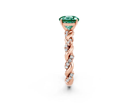 Rose gold Round Cut Green Sapphire Solitaire Ring with Twisted Band and Pavé Accents_2