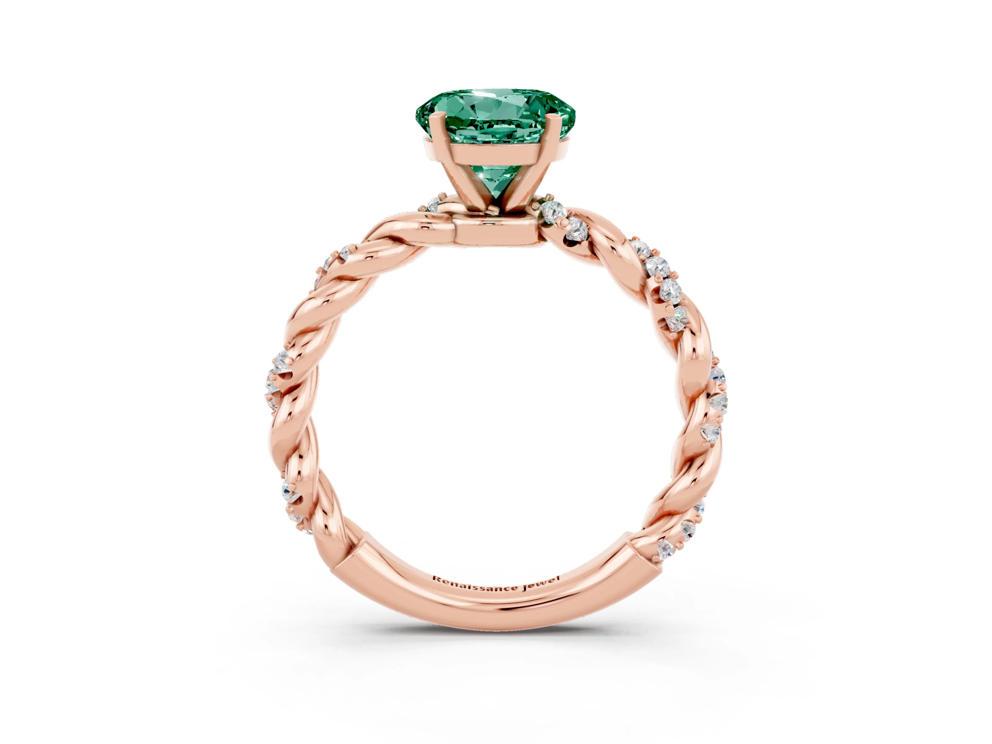 Rose gold Round Cut Green Sapphire Solitaire Ring with Twisted Band and Pavé Accents_3