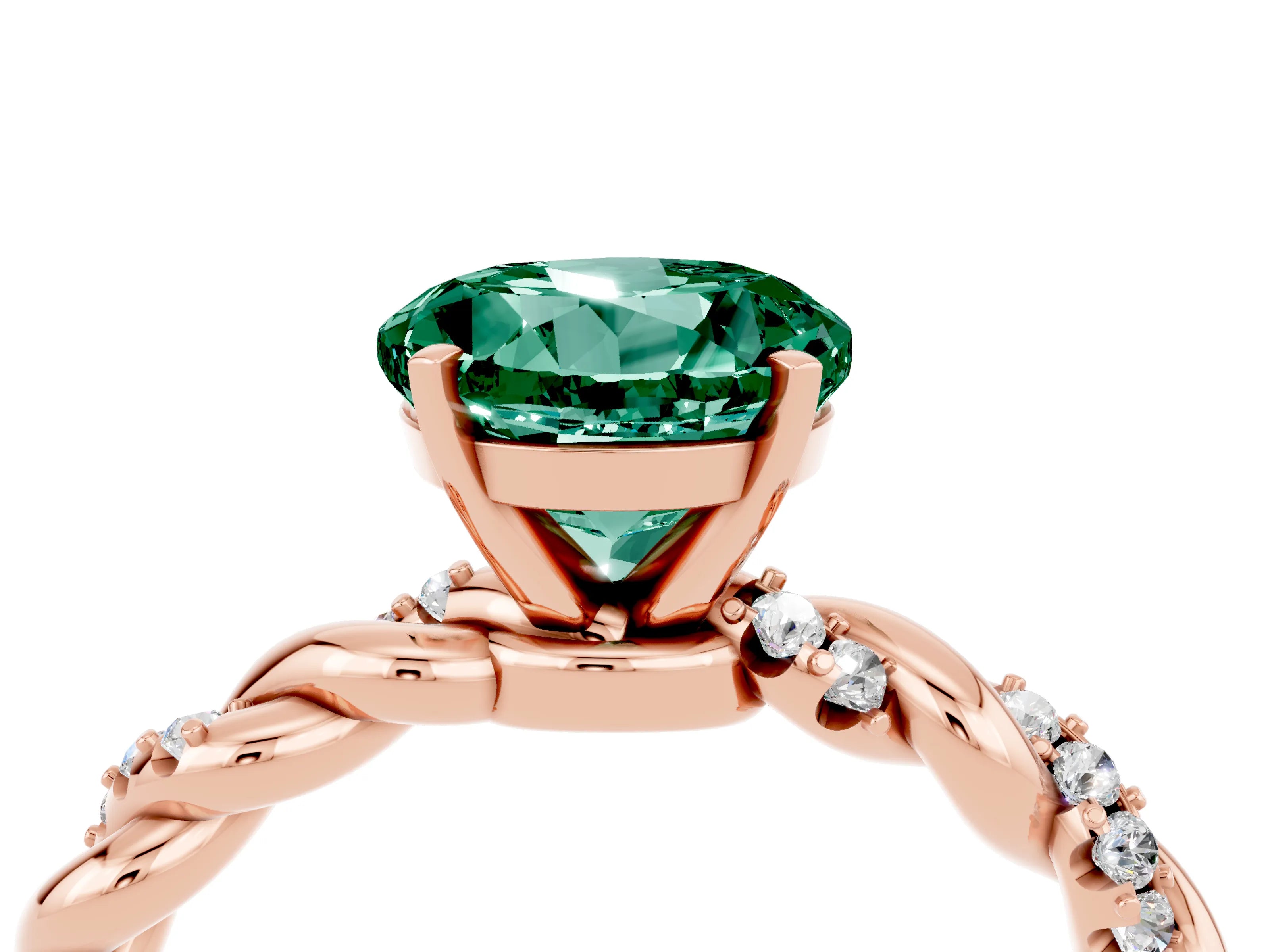 Rose gold Round Cut Green Sapphire Solitaire Ring with Twisted Band and Pavé Accents_4