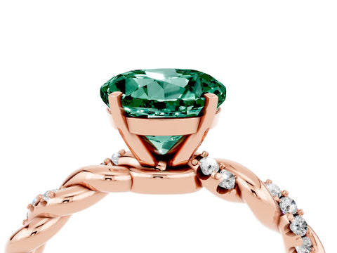 Rose gold Round Cut Green Sapphire Solitaire Ring with Twisted Band and Pavé Accents_4
