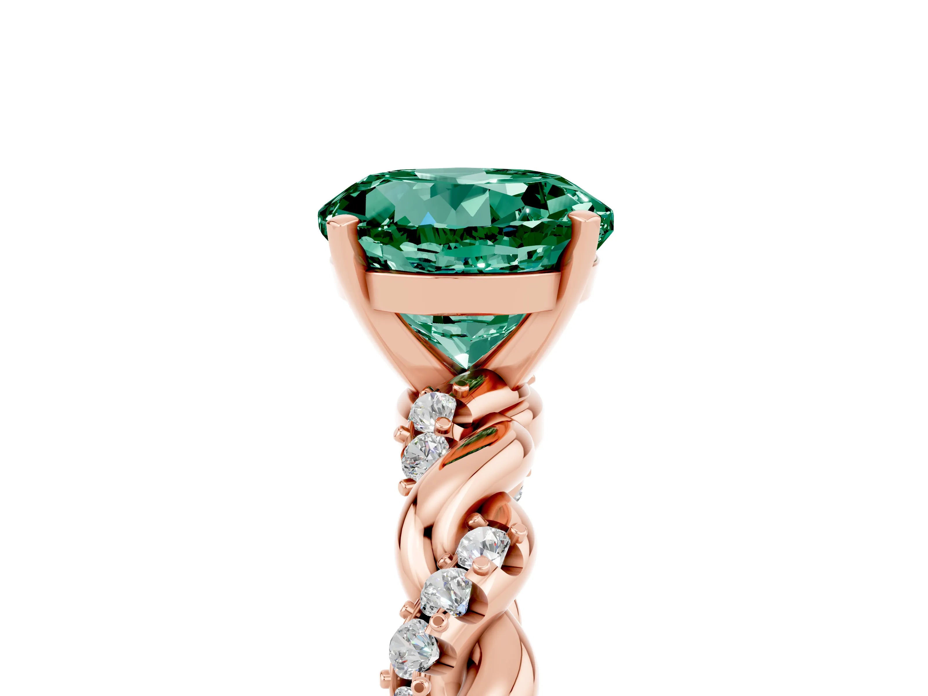 Rose gold Round Cut Green Sapphire Solitaire Ring with Twisted Band and Pavé Accents_5