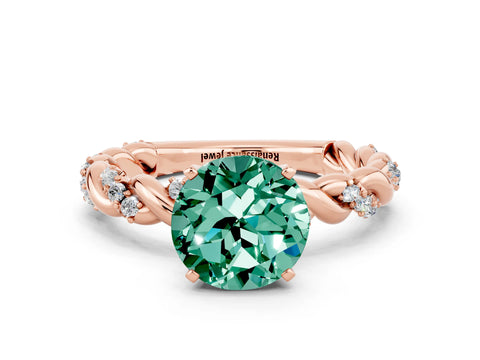 Rose gold Round Cut Green Sapphire Solitaire Ring with Twisted Band and Pavé Accents
