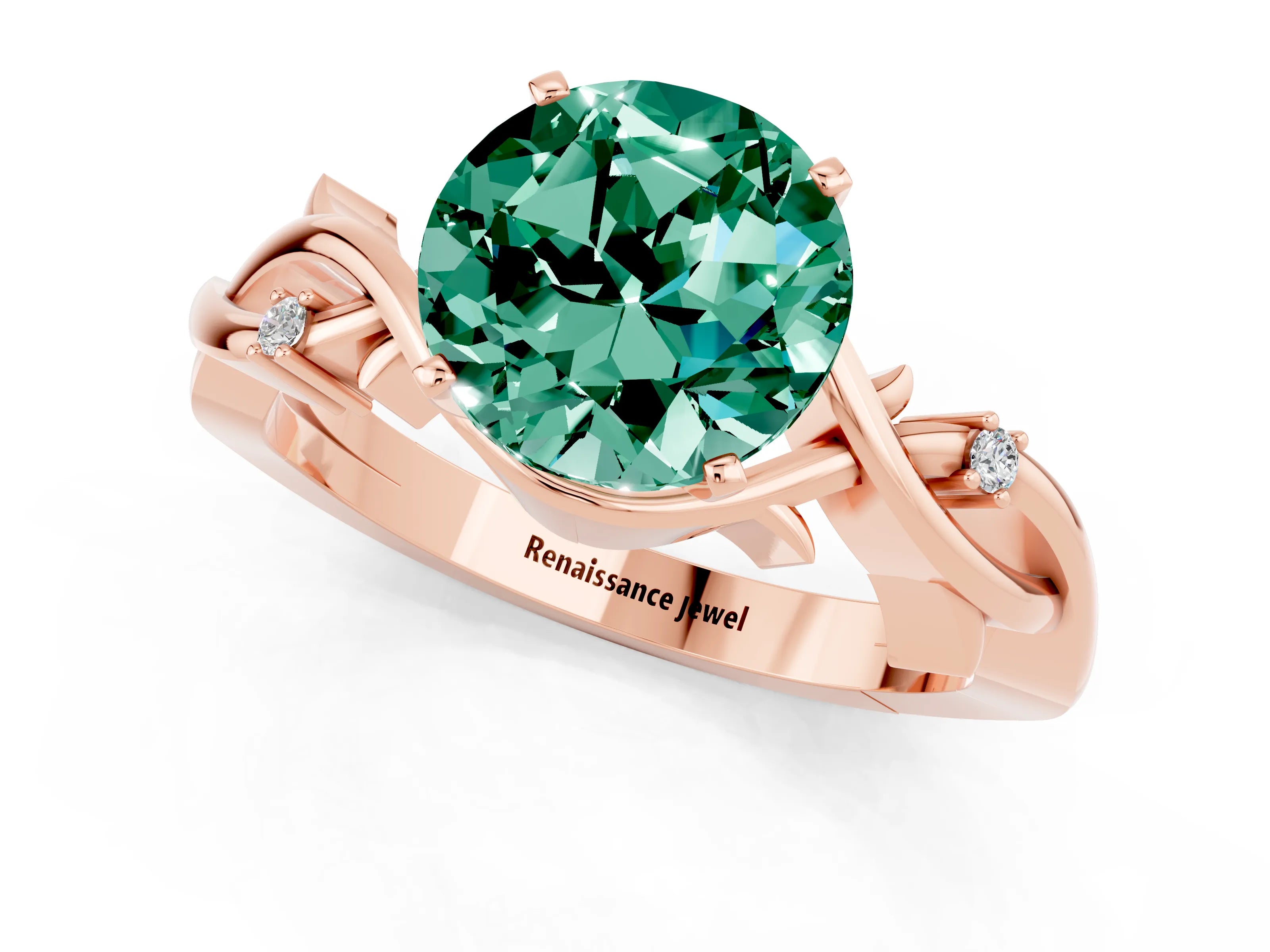 Rose gold Round Cut Green Sapphire Solitaire Ring with Twisted Band and Prong Setting_1