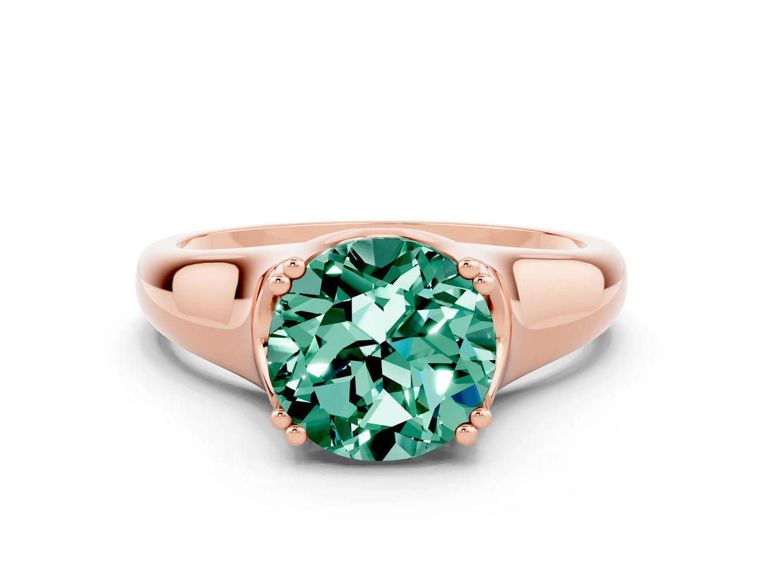 Rose gold Round Cut Green Sapphire Solitaire Ring with Wide Band and Prong Setting