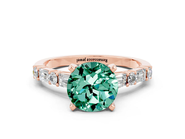 Rose gold Round Cut Green Sapphire Solitaire with Side Baguettes and Channel Set Band