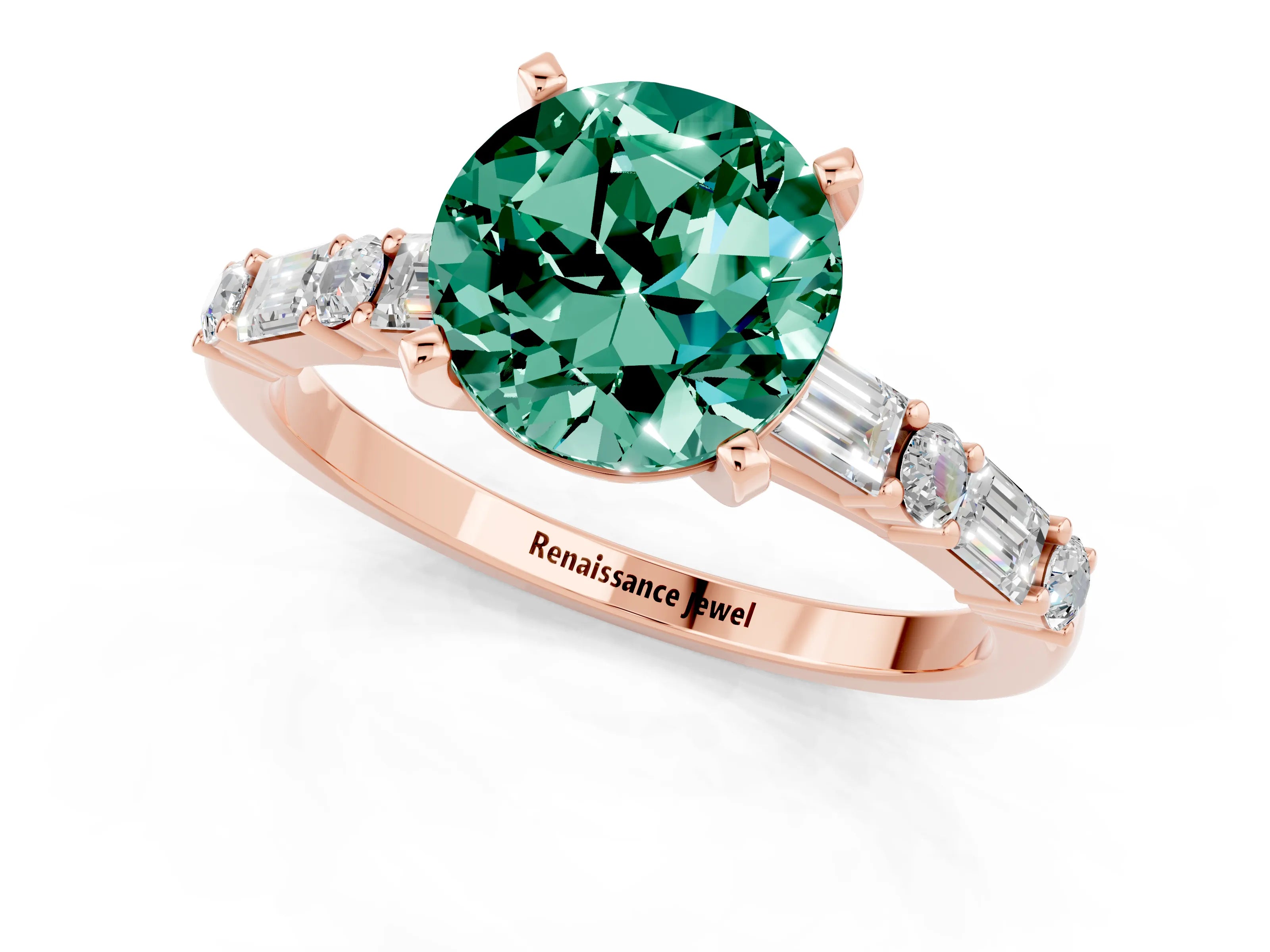 Rose gold Round Cut Green Sapphire Solitaire with Side Baguettes and Channel Set Band_1