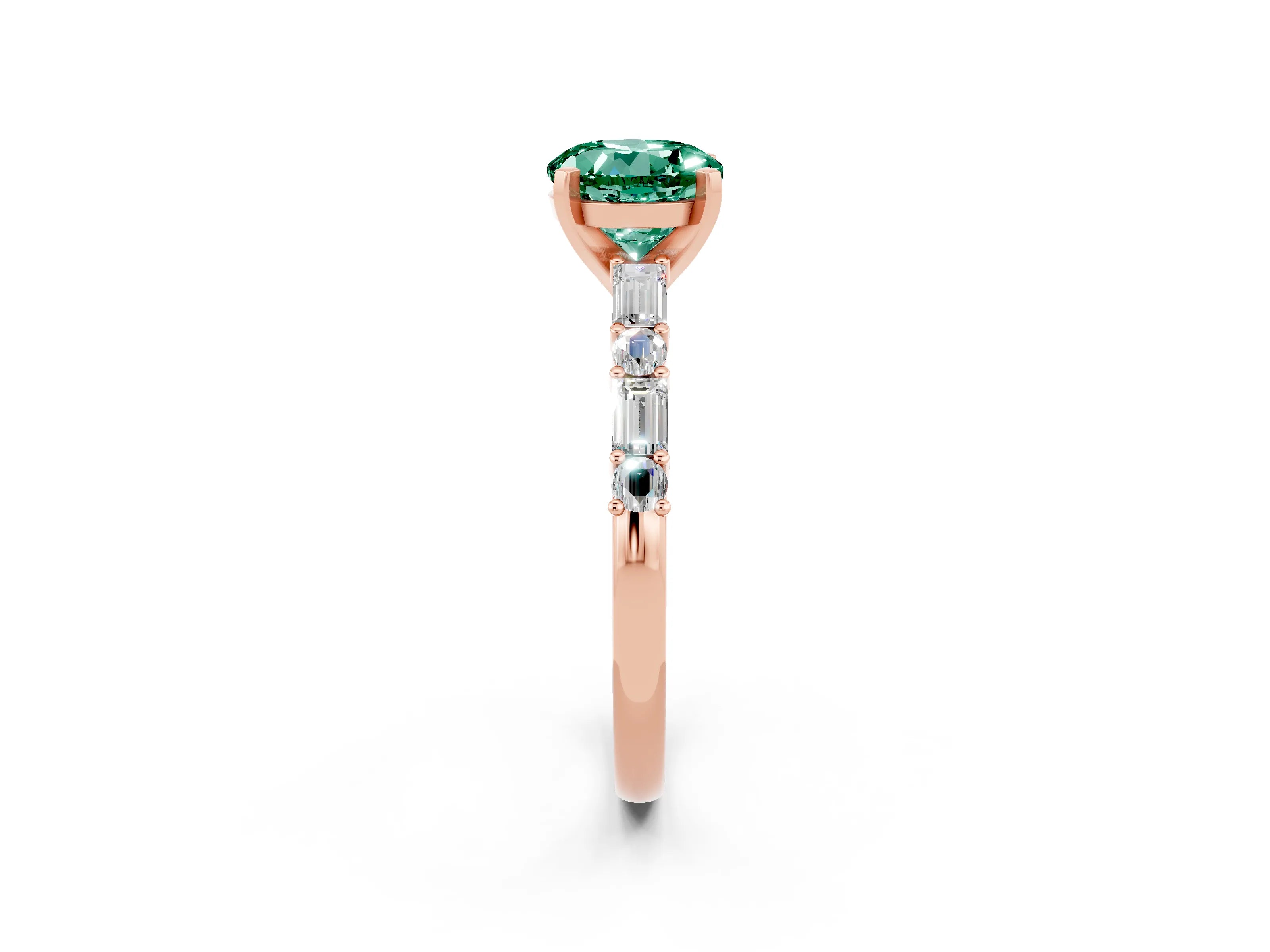 Rose gold Round Cut Green Sapphire Solitaire with Side Baguettes and Channel Set Band_2