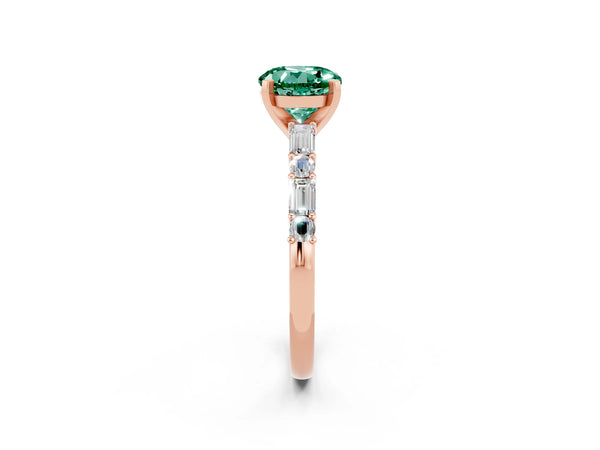 Rose gold Round Cut Green Sapphire Solitaire with Side Baguettes and Channel Set Band