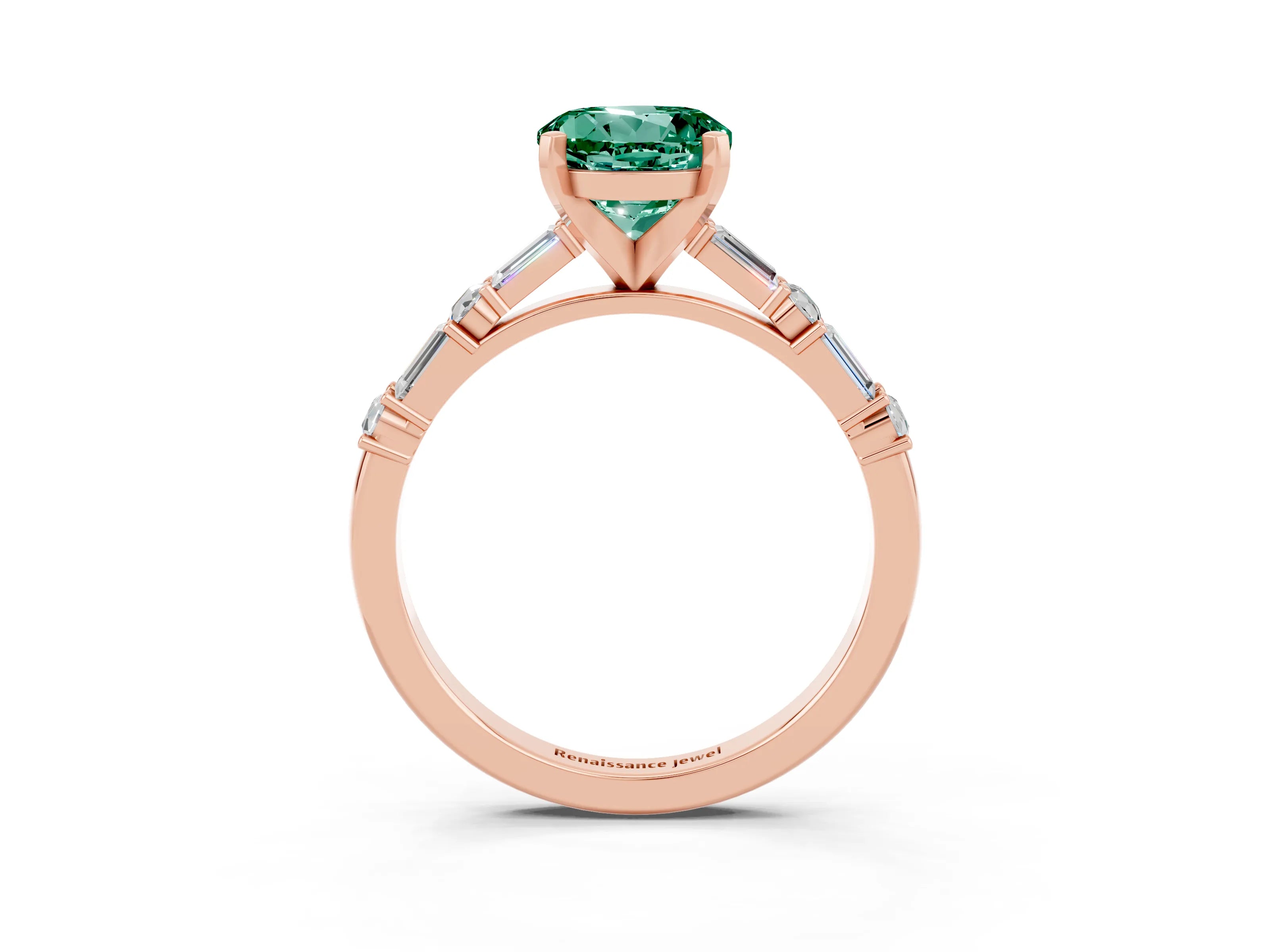 Rose gold Round Cut Green Sapphire Solitaire with Side Baguettes and Channel Set Band_3