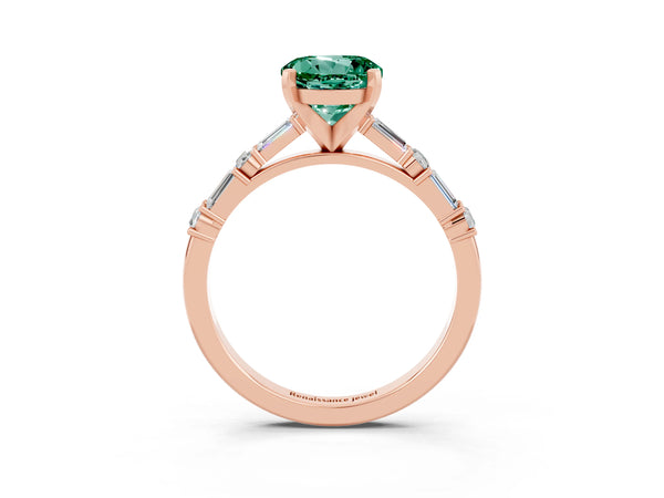 Rose gold Round Cut Green Sapphire Solitaire with Side Baguettes and Channel Set Band