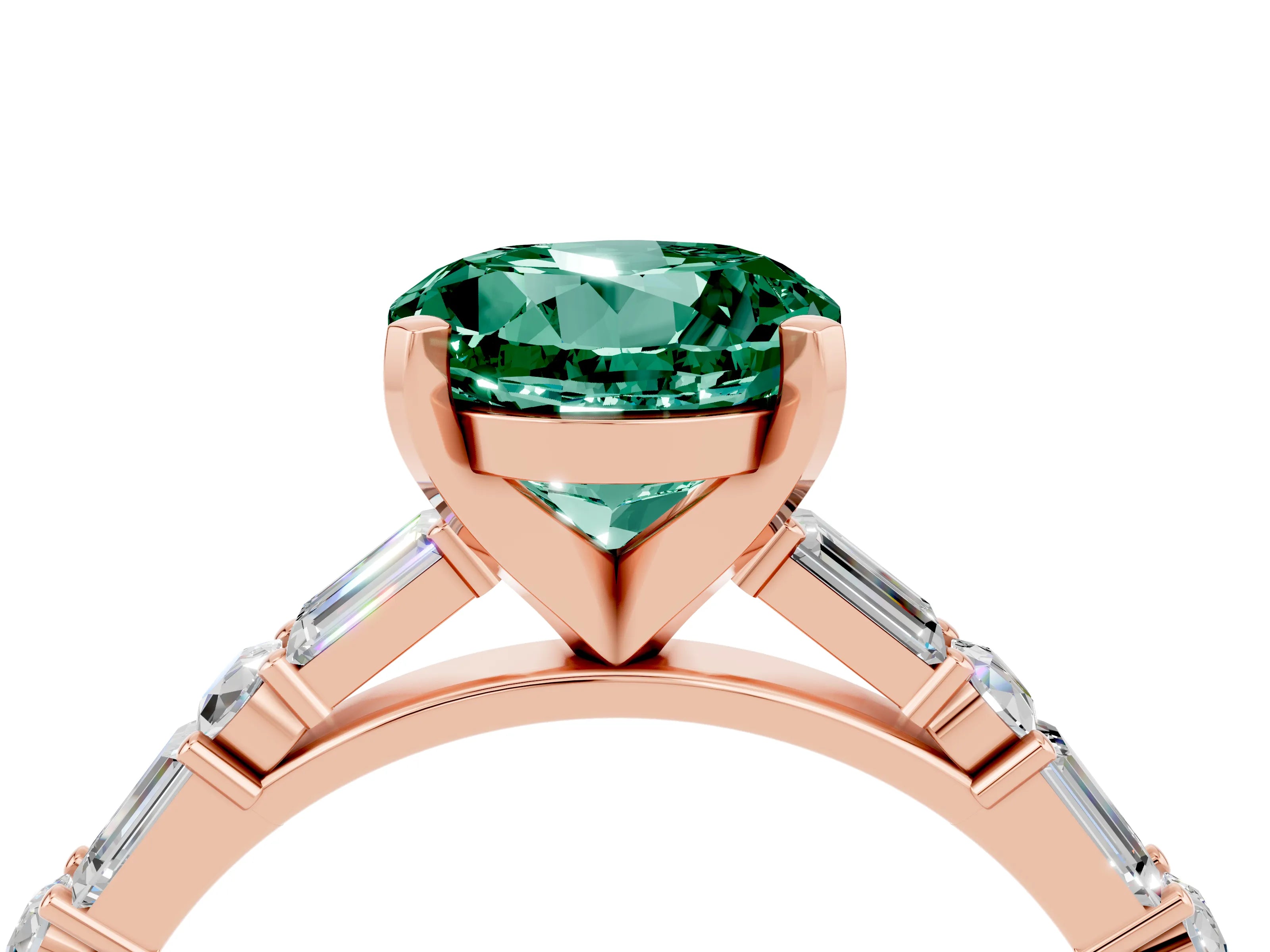 Rose gold Round Cut Green Sapphire Solitaire with Side Baguettes and Channel Set Band_4